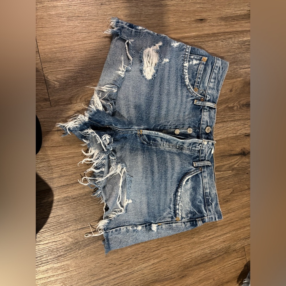 Agolde Blue Distressed Jean Shorts Frayed Hem